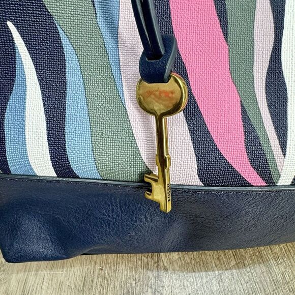 Fossil Lane Satchel Handbag Sea Pink Zebra Stripe Double Handle Zipper Pockets - Picture 13 of 16